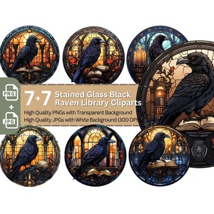 May include: Seven stained glass illustrations of black ravens perched on books in a library setting. Each illustration is framed in a circular design with a gothic archway and stained glass windows. The illustrations are set against a white background.