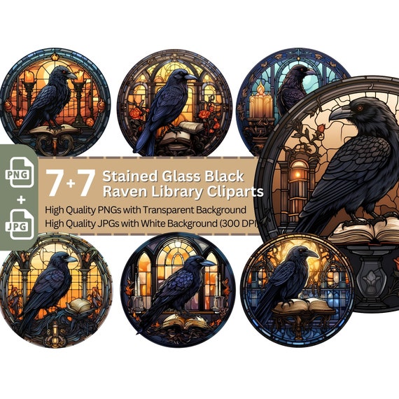 Raven Spellbook Stained Glass Clipart: Gothic PNG Bundle (Digital Download)