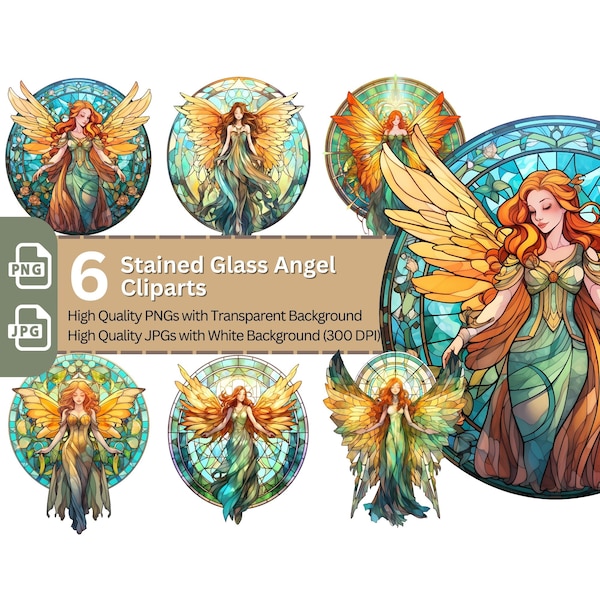 Stained Glass Angels 6x PNG Clip Art Bundle Fantasy Azure and Gold Design Card Making Paper Crafting Children Book Clipart Novel Graphics