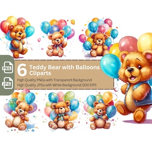 Cute Teddy Bear with Balloons PNG Clip Art Bundle for Birthday Invitation Baby Shower Sublimation Tumbler Card Making T-Shirt Nursery Art