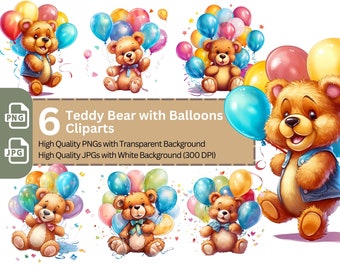 Zestaw clipartów z balonami z misiem: Baby Shower, urodziny (PNG JPG)