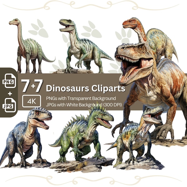 Dinosaur Clipart 7+7 PNG/JPG Bundle Jurassic Graphic Prehistoric Animal Paper Craft Design Junk Journals T-Rex Sublimation T-Shirt