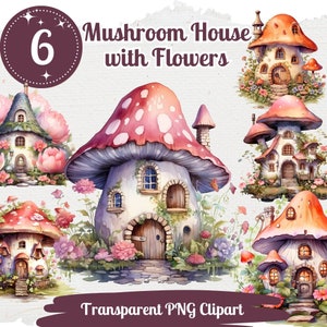Paddestoelhuis met bloemen Clipart 6x PNG Bundel Fairycore Design Card Making Paper Crafting Children Book Clipart Fairytale Novel Art