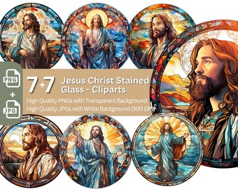 Jesus Christ Stained Glass Clipart Bundle: Religious PNG, JPG (Digital Download)