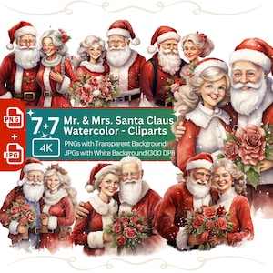 Santa and Mrs Claus Watercolor Clipart 7x PNG Bundle Festive Clipart Advent Art Card Making Digital Paper Craft Holiday Winter Graphic