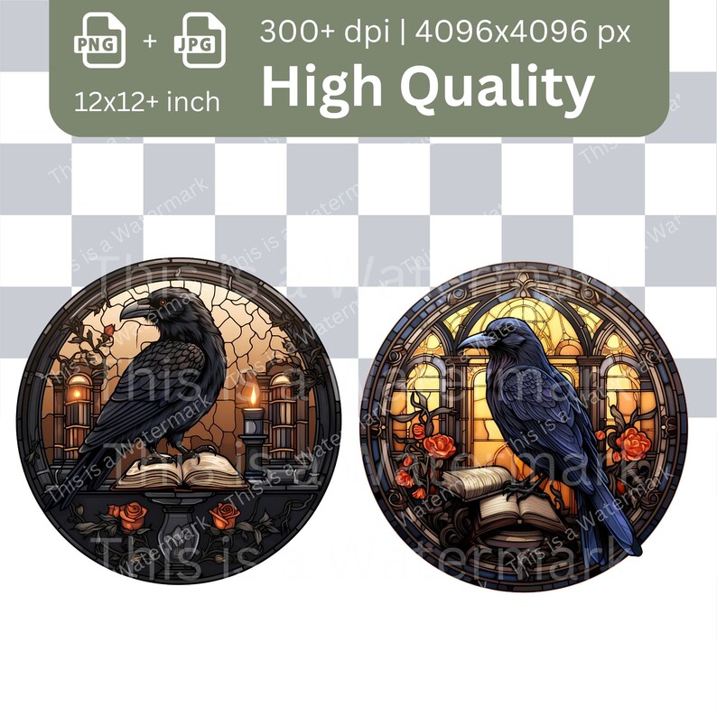 May include: Two round stained glass illustrations of a black raven perched on an open book. The raven is in a gothic style setting with candles and bookshelves. The background is a warm orange and yellow.