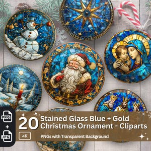 Ornamento de vitral de Natal 20 PNG pacote azul e dourado sublimação design festivo redondo decoração de natal clipart