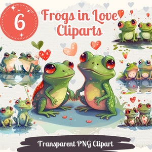 Frogs in Love Cliparts 6 PNG Bundle for Sublimation Digital Paper Craft Valentines Day Cards Scrapbook Design Watercolor Frog Graphic