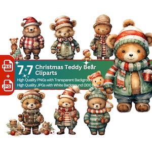 Noël Teddy Bear Clipart 7+7 PNG JPG Bundle Digital Planner Papier artisanat Aquarelle Ours en peluche Ours en peluche mignon Noël Sublimation Clipart