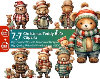 Clipart kerstteddybeer aquarel: png jpg-bundel (digitale download)