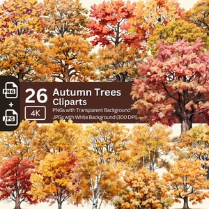 Autumn Trees Clipart 26 PNG Bundle Fall Images Seasonal Clipart Card Making Digital Paper Craft Watercolor Fall Tree Junk Journal Kit