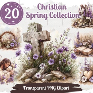 Christliche Frühling Cliparts 20 PNG Bündel Lila und weiße Frühlingsblumen Religiöse Bibel Clipart Jesus Christus Grafik Ostern Illustration