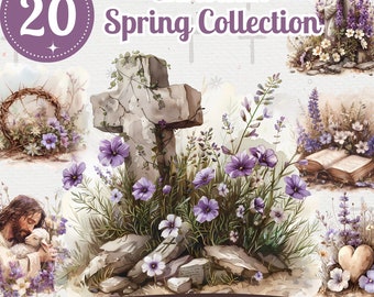 Christian Spring Clipart: Purple Floral Easter PNG Bundle (Digital Download)