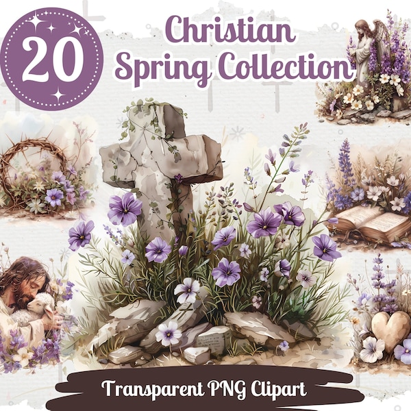 Christian Spring Cliparts 20 PNG Bundle Purple and White Springflowers Religious Bible Clipart Jesus Christ Graphic Easter Illustration