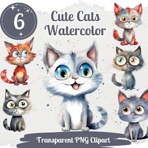 Cute Cat Watercolor Clipart 6x PNG Bundle Sublimation Design Nursery Art Card Crafting T-Shirt Cat Lover Clipart Kawaii Kitten Graphic