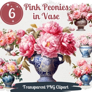 Rosa Pfingstrosen Clipart 6 PNG Bundle Floral Kunstwerk Sublimation Design Einladungskarte Crafting Frühlingsblume Grafik Rosa Teetasse Blumen