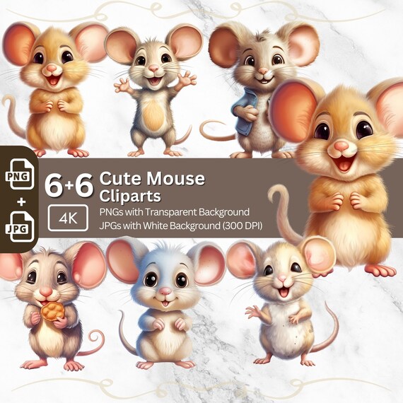 Cute Mouse Clipart Set, Watercolor Nursery Art (PNG, JPG)