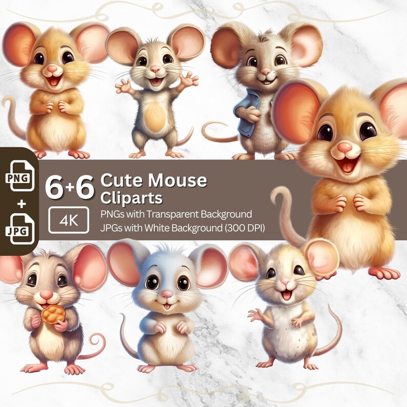 May include: A set of 12 cute cartoon mouse illustrations. The mice are in various poses, including holding a cookie, standing with their paws together, and standing with their arms outstretched. The illustrations are in a cartoon style and have a lighthearted and playful feel.