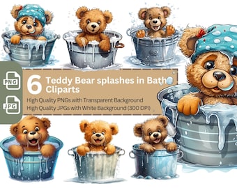Zestaw clipartów do kąpieli z misiem pluszowym, PNG JPG na baby shower (pobieranie cyfrowe)