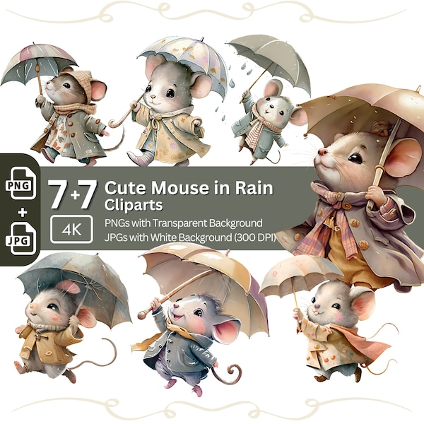 Cute Mouse in Rain Clipart 7+7 PNG JPG Bundle Autumn Animal Clipart Nursery Art Card Making Clip Art Digital Paper Craft Mouse Graphics