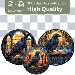 May include: Three round stained glass designs featuring ravens perched on open books. Each design has a different background with a stained glass window, candles, and a sunset.