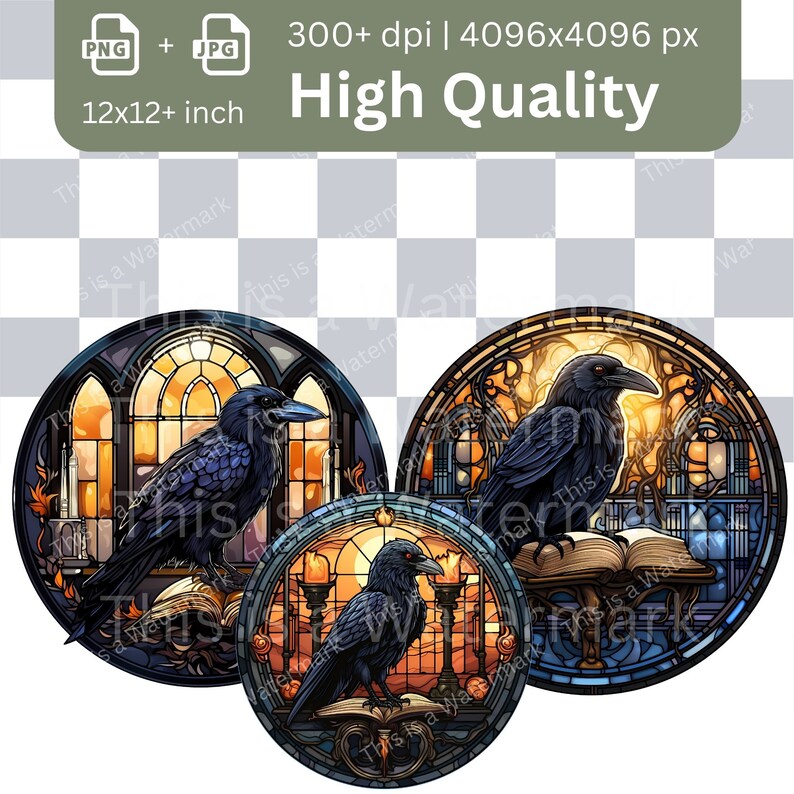 May include: Three round stained glass designs featuring ravens perched on open books. Each design has a different background with a stained glass window, candles, and a sunset.