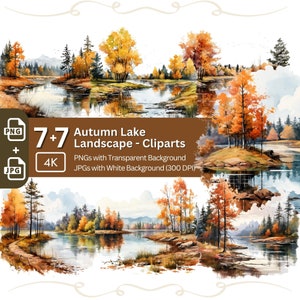 Fall Watercolor Lake Landscape Clipart: PNG JPG Bundle (Digital Download)