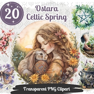 Ostara Celtic Spring Cliparts 20 PNG Bundle Watercolor Easter Graphics Spring Equinox Art Pagan Illustrations Wiccan Floral Images