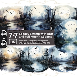 Spooky Swamp Clipart Bundle PNG JPG Halloween Graphics Festive Card Design Pleine Lune Sublimation Graphic Bats Paper Craft Aquarelle