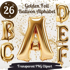 Goudfolie ballon alfabet cliparts 26 PNG bundel gouden ballon letters verjaardag Nieuwjaar viering gouden partij ballonnen folie letters