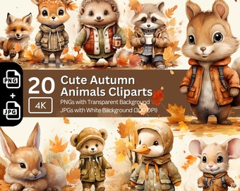 Autumn Animals Clipart: Watercolor Fall Cartoon PNG Bundle (Digital Download)