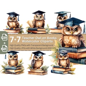 Nauczycielka Sowa na Książkach 7+7 Wysokiej Jakości PNG Clipart Bundle Tworzenie Kartek Akwarelowych Powrót do Szkoły Clip Art Cyfrowe Rzemiosło Papierowe Sztuka Scrapbookingu
