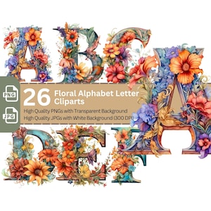 Floral alfabet 26x PNG clip art bundel mooie letters voor uitnodigingskaarten Boho stijl bloemen lettertype volledige Engelse alfabet initialen clipart