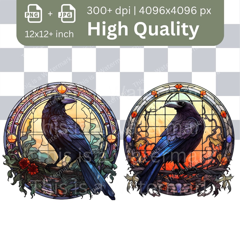 K&ouml;nnte beinhalten: Zwei Glasmalerei-Illustrationen von Raben, die auf &Auml;sten sitzen. Die Raben sind in einem leuchtenden Blau- und Schwarz-Farbschema dargestellt, mit aufwendigen Details im Glasmalereidesign. Der Hintergrund jeder Illustration zeigt einen Sonnenuntergang in Orange-, Gelb- und Rott&ouml;nen.