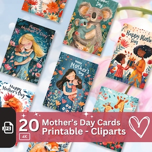 Tarjetas del Día de las Madres Collage 20 JPG Paquete Hoja Gráfica Imprimible Diseño Dibujado a Mano Caprichoso Tarjeta de Felicitación Feliz Día de la Madre Tarjeta de Amor