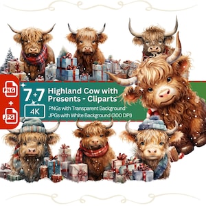 Cute Highland Cow with Gifts Clipart 7+7 PNG JPG Cute Christmas Invitation Card Graphic Paper Crafting Artwork T-Shirt Sublimation Design
