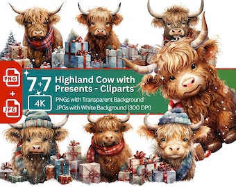 Cute Highland Cow with Gifts Clipart 7+7 PNG JPG Cute Christmas Invitation Card Graphic Paper Crafting Artwork T-Shirt Sublimation Design