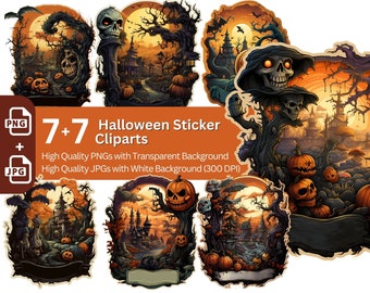 Spooky Halloween Sticker Clipart Bundle: PNG & JPG Designs (Digital Download)