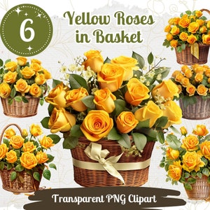 Gelbe Rosen Clipart 6 PNG Bundle Rosen im Korb Frühling Blume Grafik Floral Clipart Karte Basteln Einladung Design Gelb Hochzeit