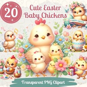 Mignon Pâques Poulet Cliparts 20 PNG Bundle Belle Pastel Pâques Bébé Poulets Carte Artisanat Junk Journal Kit Joyeux Pâques Printemps Graphique