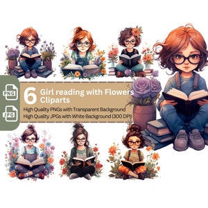 Jolie fille lisant avec des fleurs PNG Clip Art Bundle pour les amateurs de livres Sublimation Tumbler Card Making Bookworm T-Shirt Floral Scrapbook Design