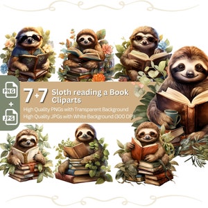 Faultier liest ein Buch Clipart 7+7 PNG/JPG Bundle Bücherwurm Kartendesign Papier Crafting Buch Clipart Lehrer Grafik Niedlich Tier Illustration