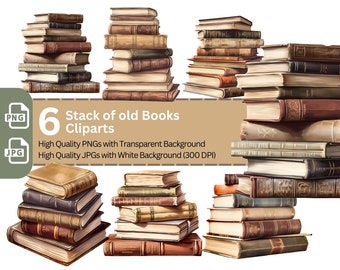 Stack of Books Clipart: Vintage Book Pile PNG Bundle (Digital Download)