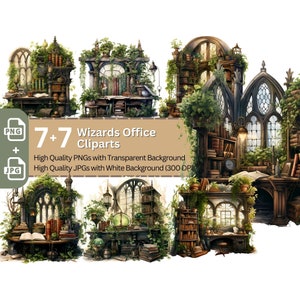 Wizard Home 7+7 PNG/JPG Clip Art Bundle Magic Workspace Fantasy Laboratory Witchcraft School of Magic Art Paper Crafting Book Clipart