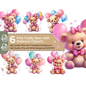 Schattige roze teddybeer met ballonnen PNG Clip Art bundel voor verjaardagsuitnodiging sublimatie Tumbler Card Making T-Shirt Design kinderkamer kunst