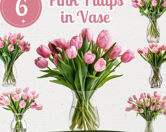 Pink Tulips in Vase Clipart: Spring Flower PNG Bundle (Digital Download)
