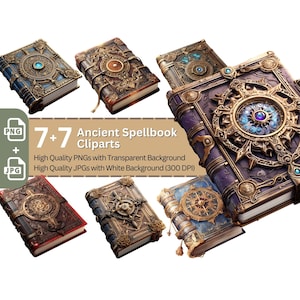 Oude Spellbook 7 + 7 PNG Clip Art bundel Magic Fantasy boek magische Tomes boek van spreuken hekserij papier Crafting boek clipart