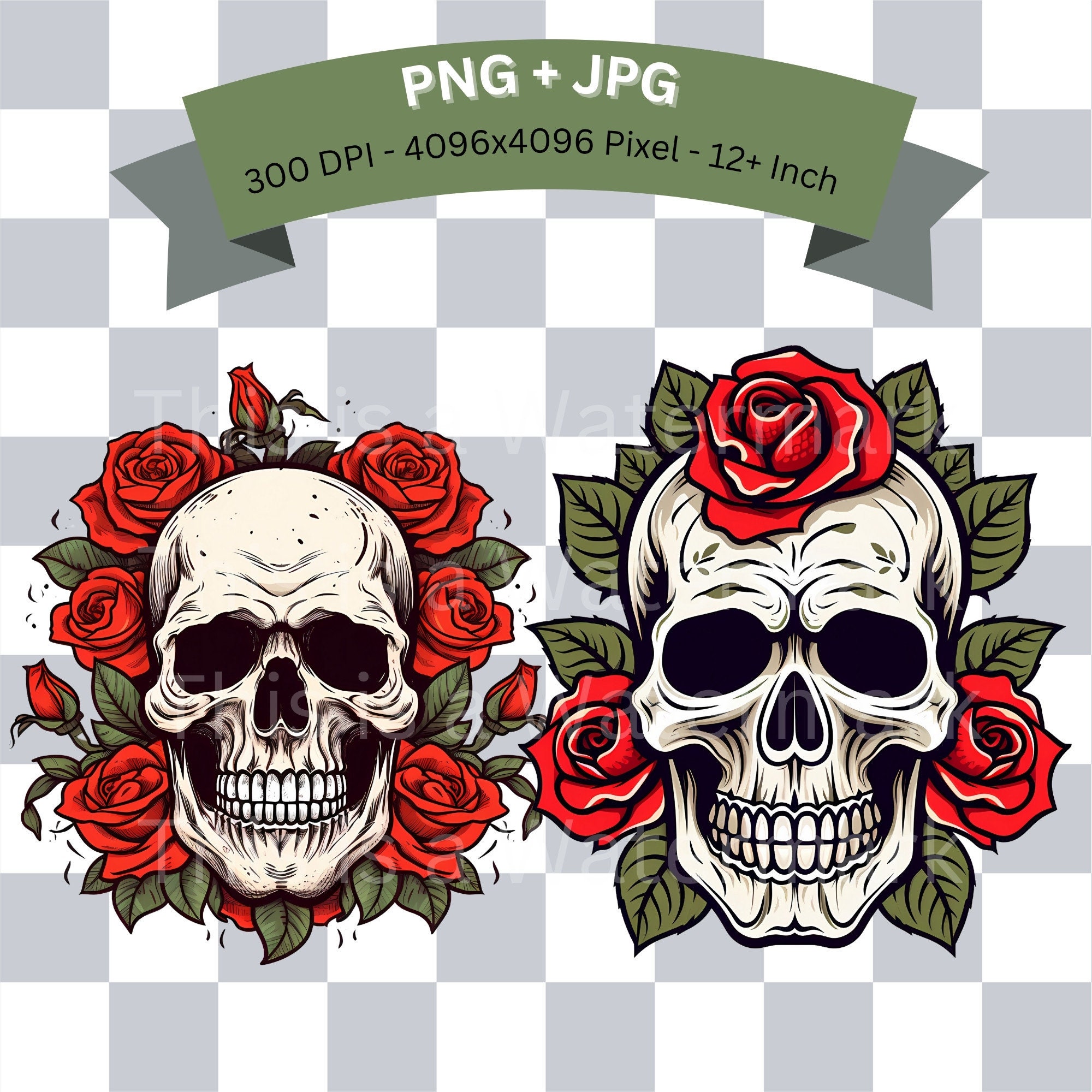 Skull and Roses Tattoo Clipart Bundle: Gothic PNG Graphics (digital ...