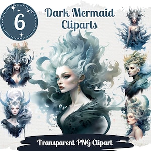 Dark Mermaid Clipart 6 PNG Bundle Fantasy Märchen Design Evil Sirene Creature Unter dem Meer Grafik Underwater Fairy Scrapbook