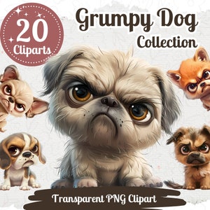 Grumpy Dogs Cliparts 20 PNG Bundle Funny Dog Illustrations Cute Grumpy Dog Cartoons Fluffy Dog Animal Graphics Transparent PNG Files